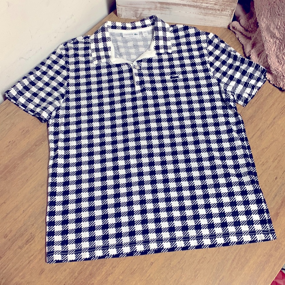 Lacoste Navy and White Checkered Short Sleeve Tee